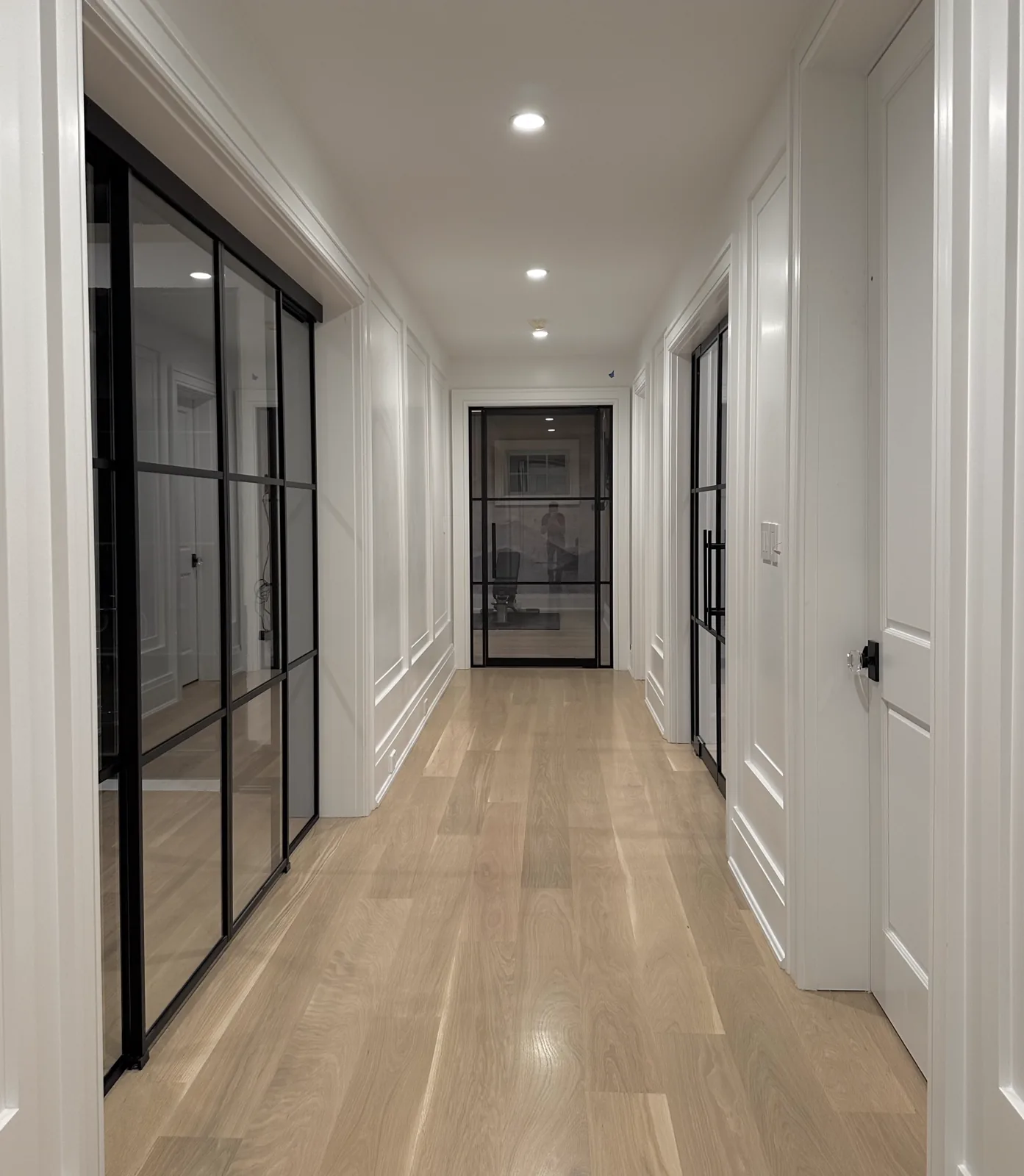 A corridor lined with black framed glass doors
