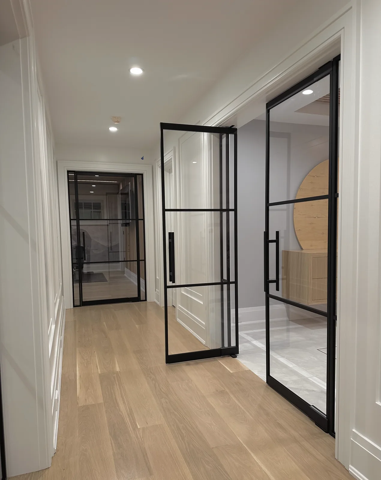 Single swinging glass door with a black grid frame standing open in a bright hallway