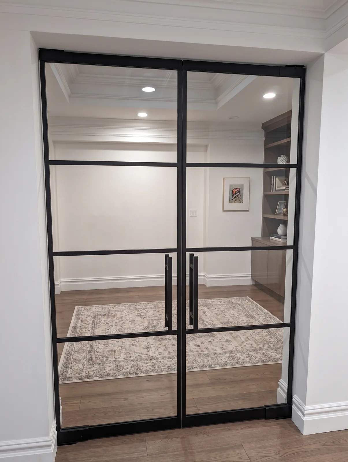 A closed pair of black framed French glass doors with four-lite grids and long pull bars