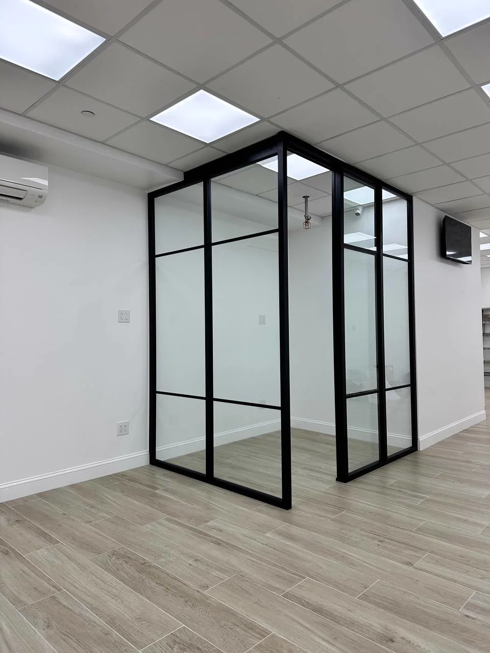 Structural framed glass partition with an integrated door